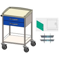 Modular stainless steel trolley: with two upper drawers and two shelves, stop board and dividers in drawers